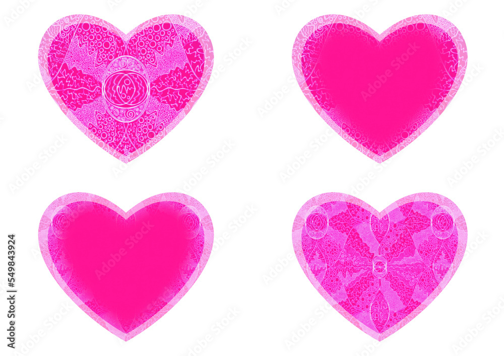 Set of 4 heart shaped valentine's cards. 2 with pattern, 2 with copy space. Neon plastic pink background and glowing pattern on it. Cloth texture. Hearts size about 8x7 inch / 21x18 cm (p05ab)