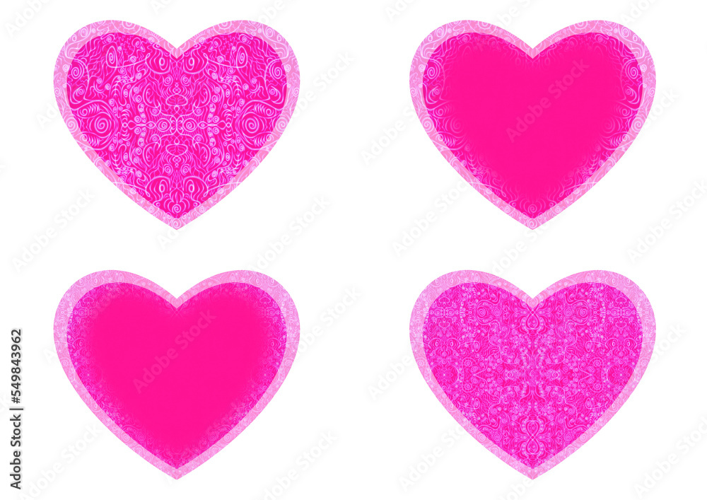 Set of 4 heart shaped valentine's cards. 2 with pattern, 2 with copy space. Neon plastic pink background and glowing pattern on it. Cloth texture. Hearts size about 8x7 inch / 21x18 cm (p06ab)