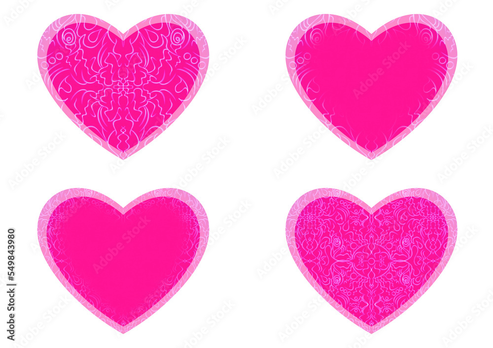 Set of 4 heart shaped valentine's cards. 2 with pattern, 2 with copy space. Neon plastic pink background and glowing pattern on it. Cloth texture. Hearts size about 8x7 inch / 21x18 cm (p07-1ab) Set of 4 heart shaped valentine's cards. 2 with pattern, 2 with copy space. Neon plastic pink background and glowing pattern on it. Cloth texture. Hearts size about 8x7 inch / 21x18 cm (p07-1ab)