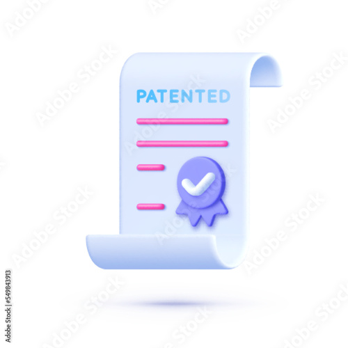 Patented patent document 3d vector illustration. 3d certificate with medal Quality guarantee, quality mark certificate or patent, teamwork on certificate. Vector illustration
