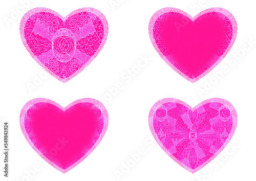 Set of 4 heart shaped valentine s cards. 2 with pattern  2 with copy space. Neon plastic pink background and glowing pattern on it. Cloth texture. Hearts size about 8x7 inch   21x18 cm  p05ab 