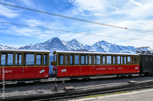 Schynige Platte railway with a view on mountain range Eiger Moench and Jungfrau