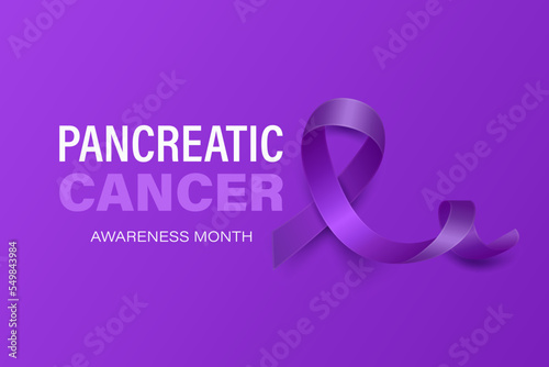 Pancreatic Cancer Banner, Card, Placard with Vector 3d Realistic Purple Ribbon on Purple Background. Pancreatic Cancer Awareness Month Symbol Closeup. World Pancreatic Cancer Day Concept