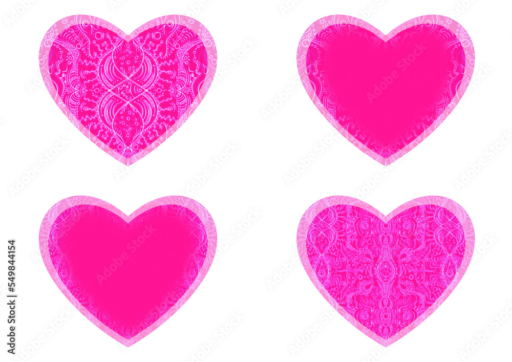 Set of 4 heart shaped valentine's cards. 2 with pattern, 2 with copy space. Neon plastic pink background and glowing pattern on it. Cloth texture. Hearts size about 8x7 inch / 21x18 cm (p09ab)