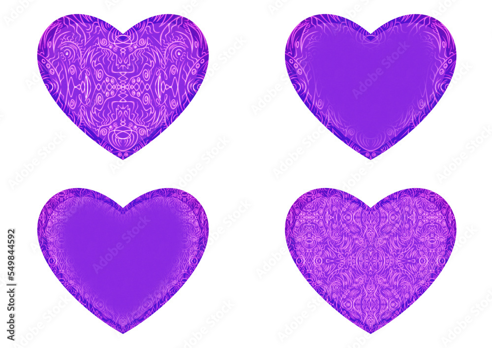 Set of 4 heart shaped valentine's cards. 2 with pattern, 2 with copy space. Neon proton purple background and glowing pattern on it. Cloth texture. Hearts size about 8x7 inch / 21x18 cm (p03ab)