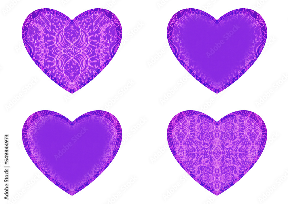 Set of 4 heart shaped valentine's cards. 2 with pattern, 2 with copy space. Neon proton purple background and glowing pattern on it. Cloth texture. Hearts size about 8x7 inch / 21x18 cm (p09ab)