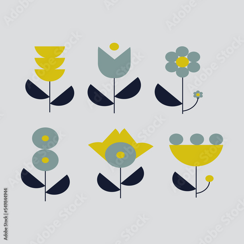Yellow and blue geometric flowers in bauhaus style