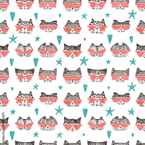 Hand Drawn Doodle Cute Stylish Trendy Hipster Cats with Sunglasses Vector Seamless pattern
