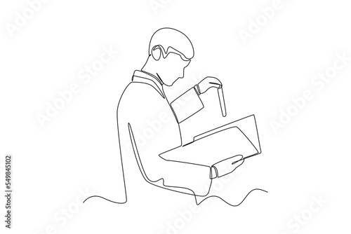 One continuous line drawing of boy student check the research results
Scientist concept. Single line draw design vector graphic illustration. Laboratory.