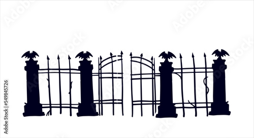 Old fence of cemetery. Halloween decoration. Black silhouette of gloomy wall.