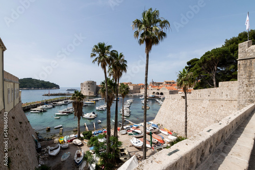 Fototapeta Naklejka Na Ścianę i Meble -  Palm trees and boats with Dubrovnik in background