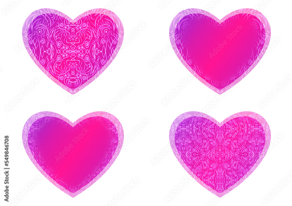 Set of heart shaped valentine's cards. 2 with pattern, 2 with copy space. Neon gradient plastic pink to proton purple, glowing pattern on it. Cloth texture. Heart size 8x7 inch / 21x18 cm (p03ab)