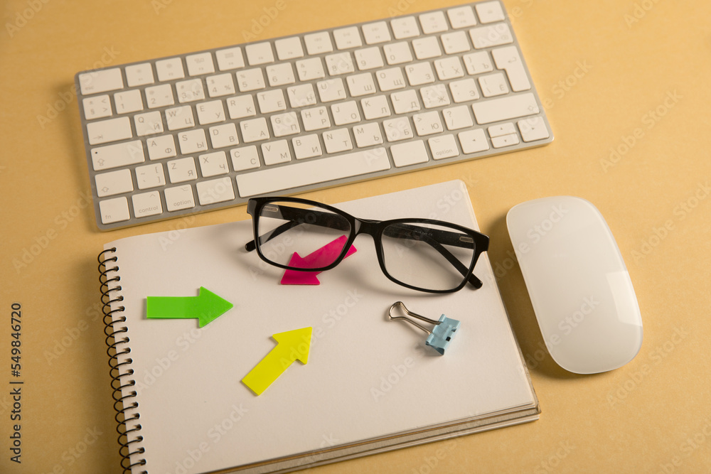 Keyboard, glasses and notepad Keyboard, glasses and notepad
