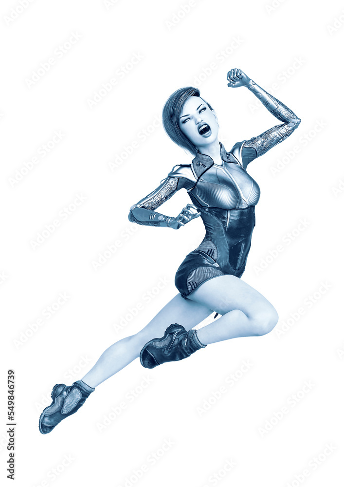 cyborg girl jumping with a mad scream in a white background cyborg girl jumping with a mad scream in a white background