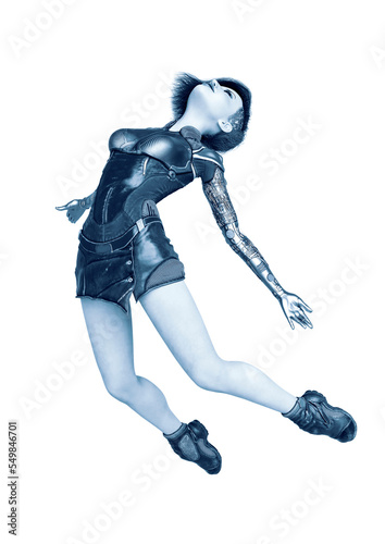 cyborg girl floating in a white background