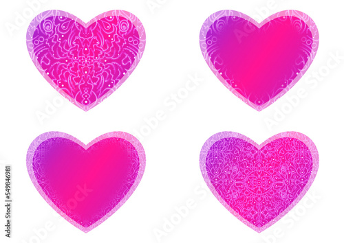 Set of heart shaped valentine's cards. 2 with pattern, 2 with copy space. Neon gradient plastic pink to proton purple, glowing pattern on it. Cloth texture. Heart size 8x7 inch / 21x18 cm (p07-2ab)