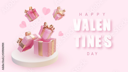 Valentine's day design temlate about 14 February. Realistic rose open gift boxes on podium. Romantic background.