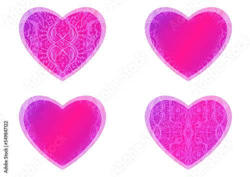 Set of heart shaped valentine's cards. 2 with pattern, 2 with copy space. Neon gradient plastic pink to proton purple, glowing pattern on it. Cloth texture. Heart size 8x7 inch / 21x18 cm (p09ab)
