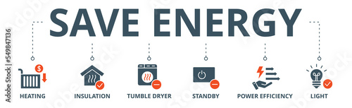 Save energy banner web icon vector illustration concept with icon of heating, insulation, tumble dryer, standby, power efficiency, light