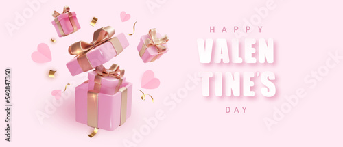 Valentine's day design. Realistic rose open gift boxes. Holiday banner, web poster, flyer, stylish brochure, greeting card, cover. Romantic background.