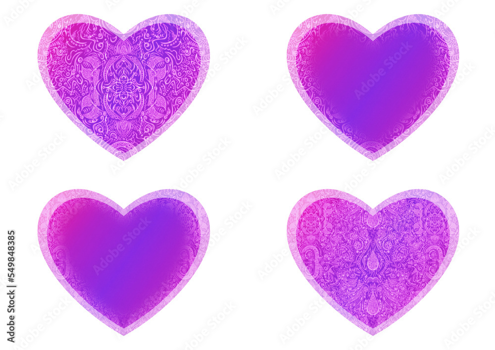 Set of heart shaped valentine's cards. 2 with pattern, 2 with copy space. Neon gradient proton purple to plastic pink, glowing pattern on it. Cloth texture. Heart size 8x7 inch / 21x18 cm (p01ab)