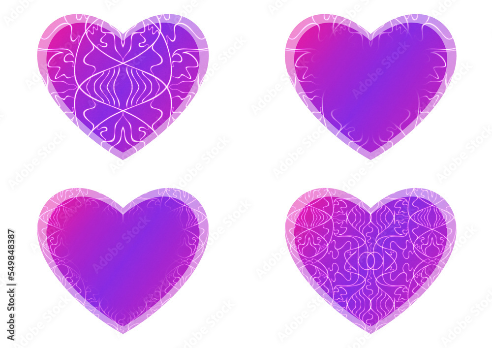 Set of heart shaped valentine's cards. 2 with pattern, 2 with copy space. Neon gradient proton purple to plastic pink, glowing pattern on it. Cloth texture. Heart size 8x7 inch / 21x18 cm (p02-1ab)