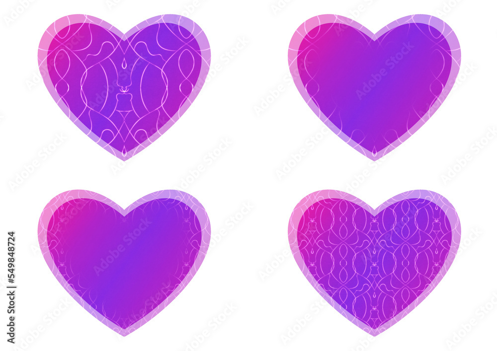 Set of heart shaped valentine's cards. 2 with pattern, 2 with copy space. Neon gradient proton purple to plastic pink, glowing pattern on it. Cloth texture. Heart size 8x7 inch / 21x18 cm (p08-1bc) Set of heart shaped valentine's cards. 2 with pattern, 2 with copy space. Neon gradient proton purple to plastic pink, glowing pattern on it. Cloth texture. Heart size 8x7 inch / 21x18 cm (p08-1bc)