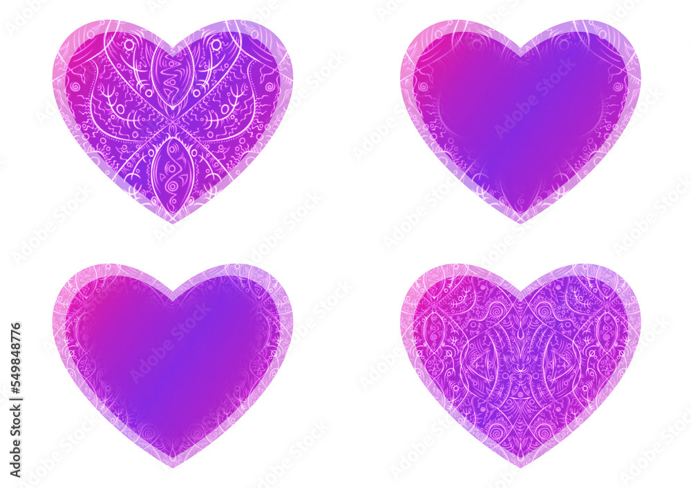 Set of heart shaped valentine's cards. 2 with pattern, 2 with copy space. Neon gradient proton purple to plastic pink, glowing pattern on it. Cloth texture. Heart size 8x7 inch / 21x18 cm (p08-2ab)