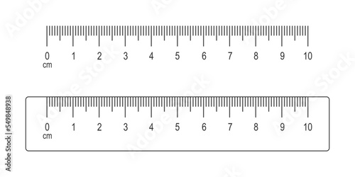 10 centimeters scale and ruler isolated on white background. Math or geometric tool for distance, height or length measurement with markup and numbers. Vector outline illustration