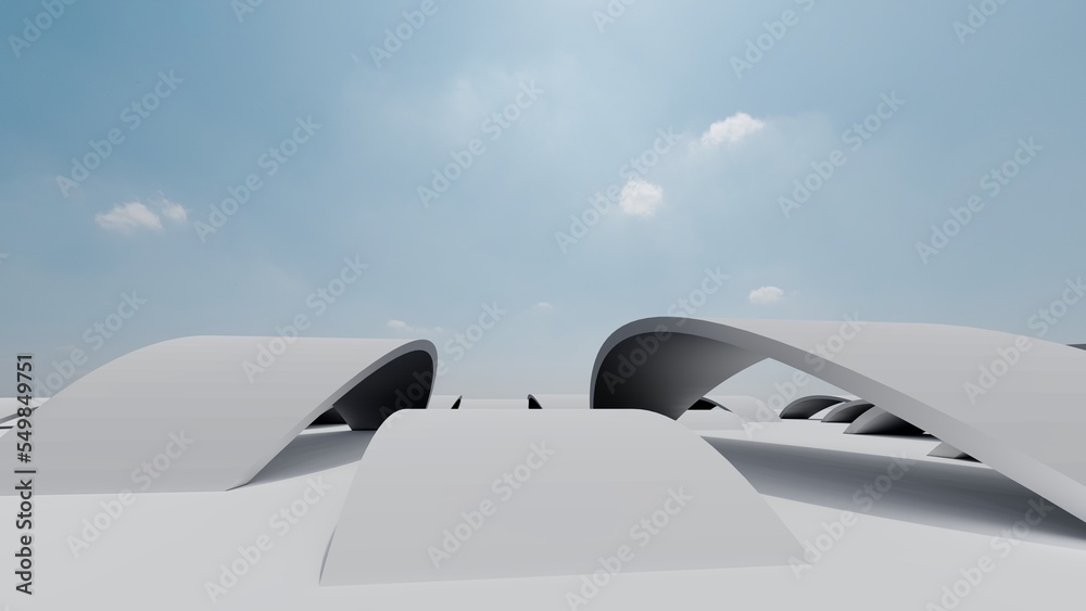 Abstract architecture background white curved stripes in design 3d render
