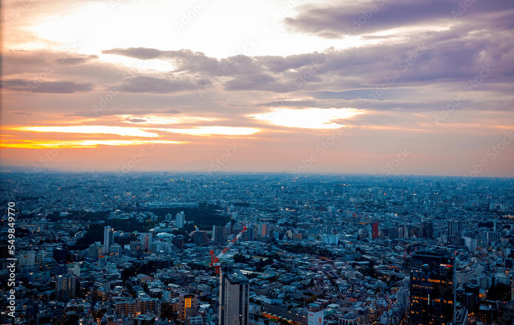 Aerial View of Shibuya, Tokyo, Japan at sunset