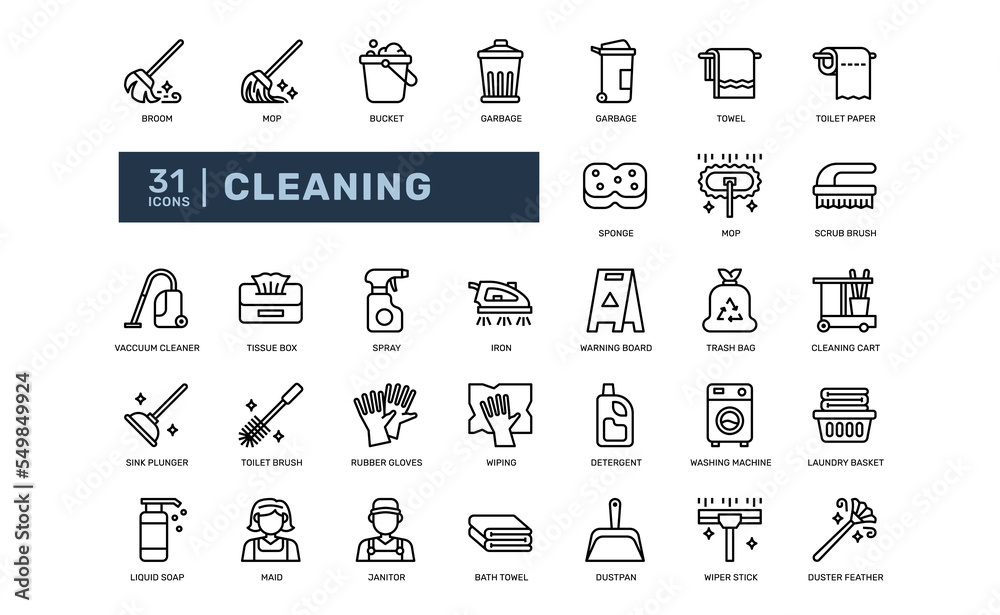 cleaning hygiene routine housework detailed thin line outline icon set. simple vector illustration cleaning hygiene routine housework detailed thin line outline icon set. simple vector illustration