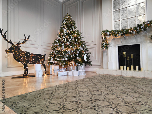 Christmas tree with a festive deer in a beautiful room