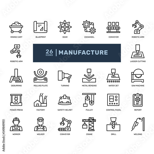 factory mass production manufacturing metal processing engineering detailed thin line outline icon set. simple vector illustration