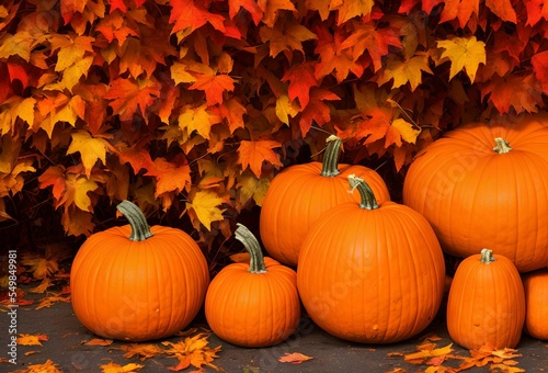 Closeup of beautiful red autumn leaves and pumpkins photo
