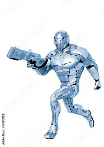 sci fi astronaut cartoon with a laser gun side view in a white background © DM7