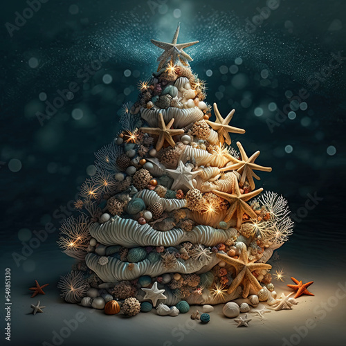 Fototapet Abstract Seashell and Starfish Christmas Tree on the Beach at Night