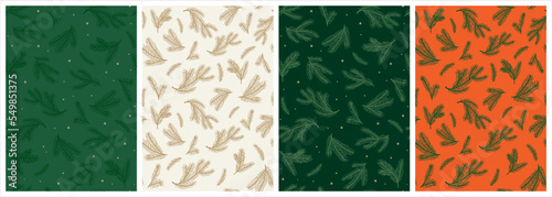 Set Of Vector Seamless Patterns With Christmas Tree Branches On Different Backgrounds. Simple Style Graphic Design Ideal For Textile, Wallpaper, Fabric Prints Or Wrapping Paper.