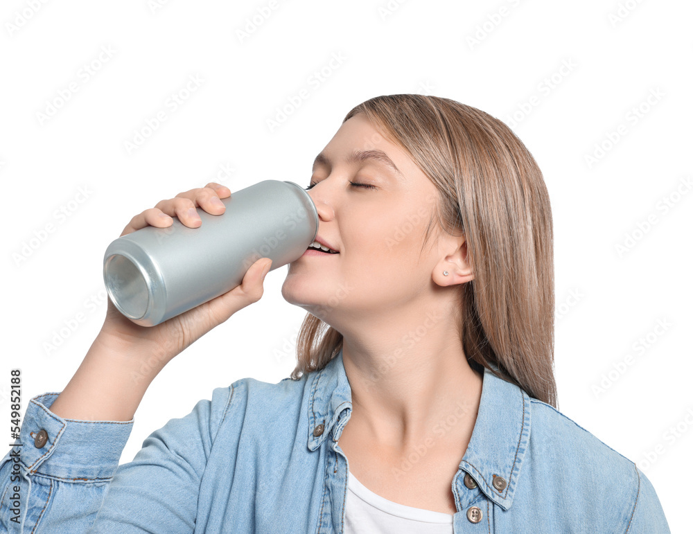 Naklejka premium Beautiful woman drinking from beverage can on white background