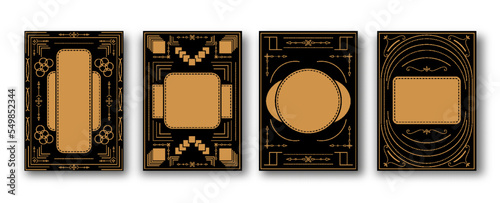 Vintage notebook cover set. Golden engraving pattern template with copy space for annual notepad, brochure, copybook, diary. Art deco graphic print for magazine covers, booklet journal cards