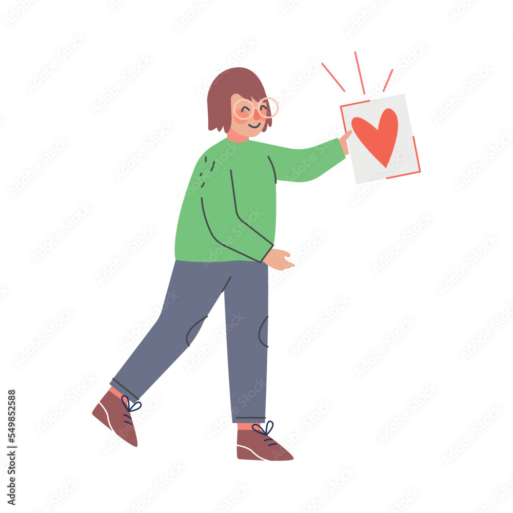 Little Boy with Postcard with Heart Congratulating Mother with Holiday Vector Illustration Little Boy with Postcard with Heart Congratulating Mother with Holiday Vector Illustration