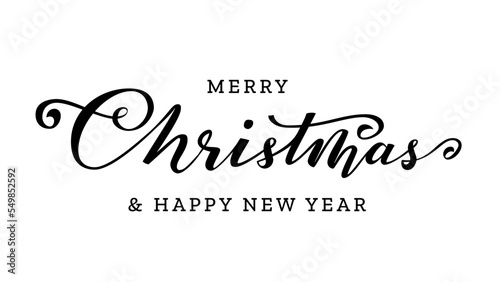 Merry Christmas ink pen calligraphy. Happy New Year hand drawn brush lettering isolated on white. Typography template for winter holiday greeting card, print overlay banner poster flyer Xmas postcard