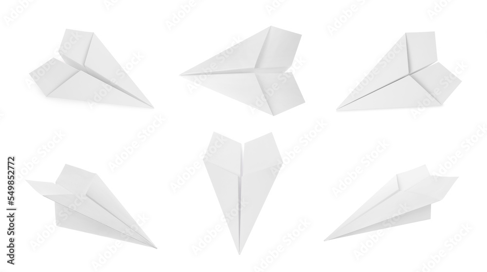 Set with handmade paper planes on white background. Banner design Set with handmade paper planes on white background. Banner design