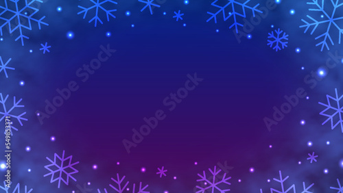 Winter neon uv light glowing sparkle snowy background for Merry Christmas Happy New Year card. Night bright snowflake glitter fluorescent banner. Xmas frosty fog neon light space star luminous poster