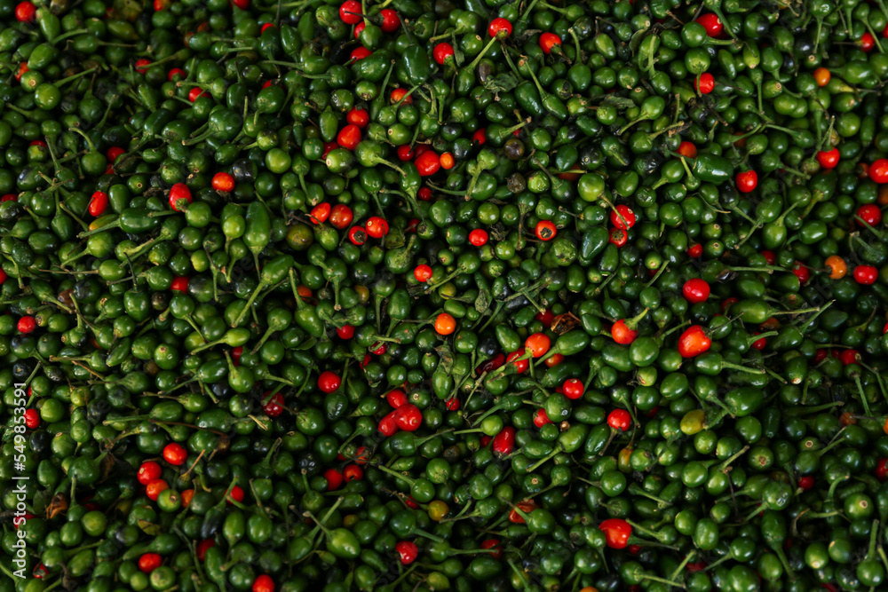 Heap of fresh delicious chiltepin as background, top view