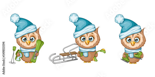 Set of cute winter owls