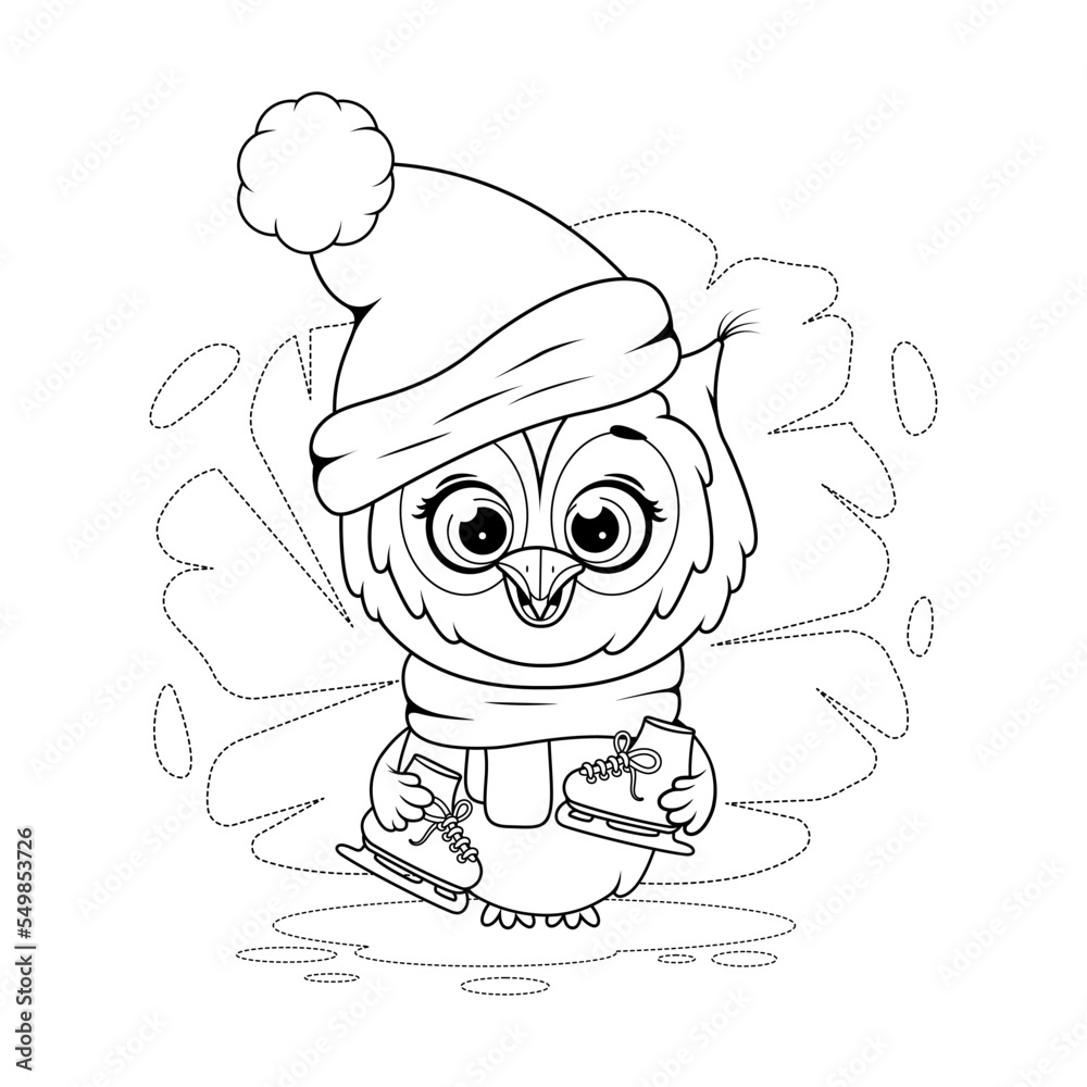 Coloring page. Cute cartoon owl with skates Coloring page. Cute cartoon owl with skates