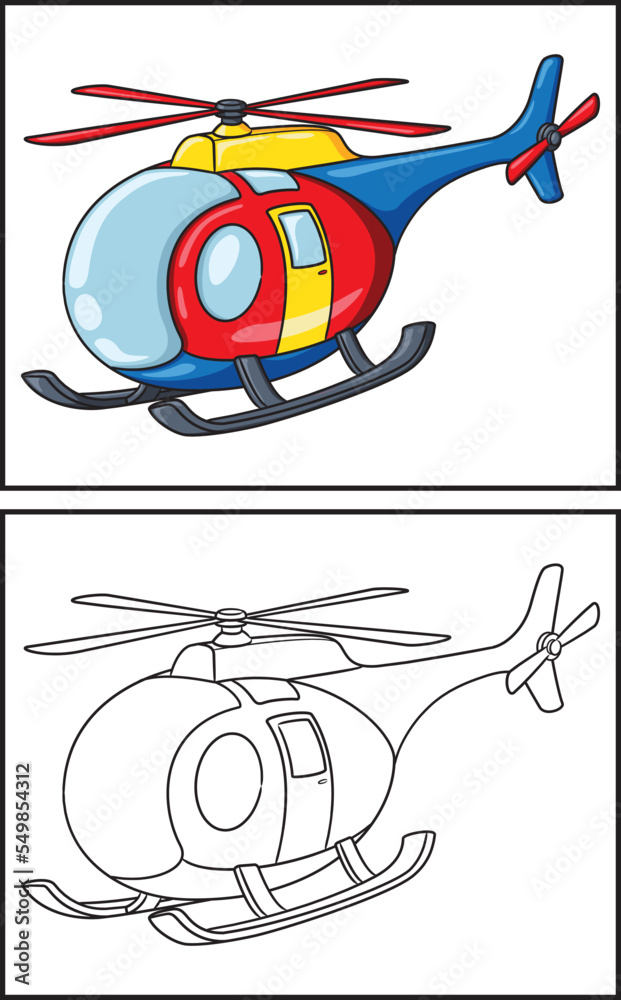 Coloring book cute helicopter. Coloring page and colorful clipart character. Vector cartoon illustration.
