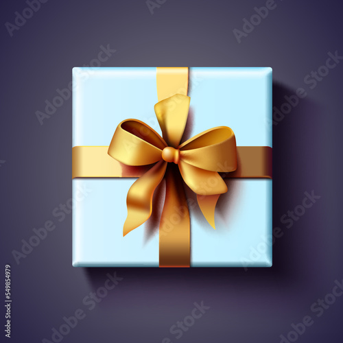 Present box top with golden bow and ribbons. View from above. Vector illustration