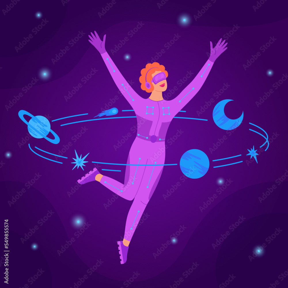 Space travel in Metaverse concept. Young woman in VR suit and VR glasses in the center of planets, comets, stars. Innovation network experience, AR gaming. Futuristic lifestyle. Vector illustration